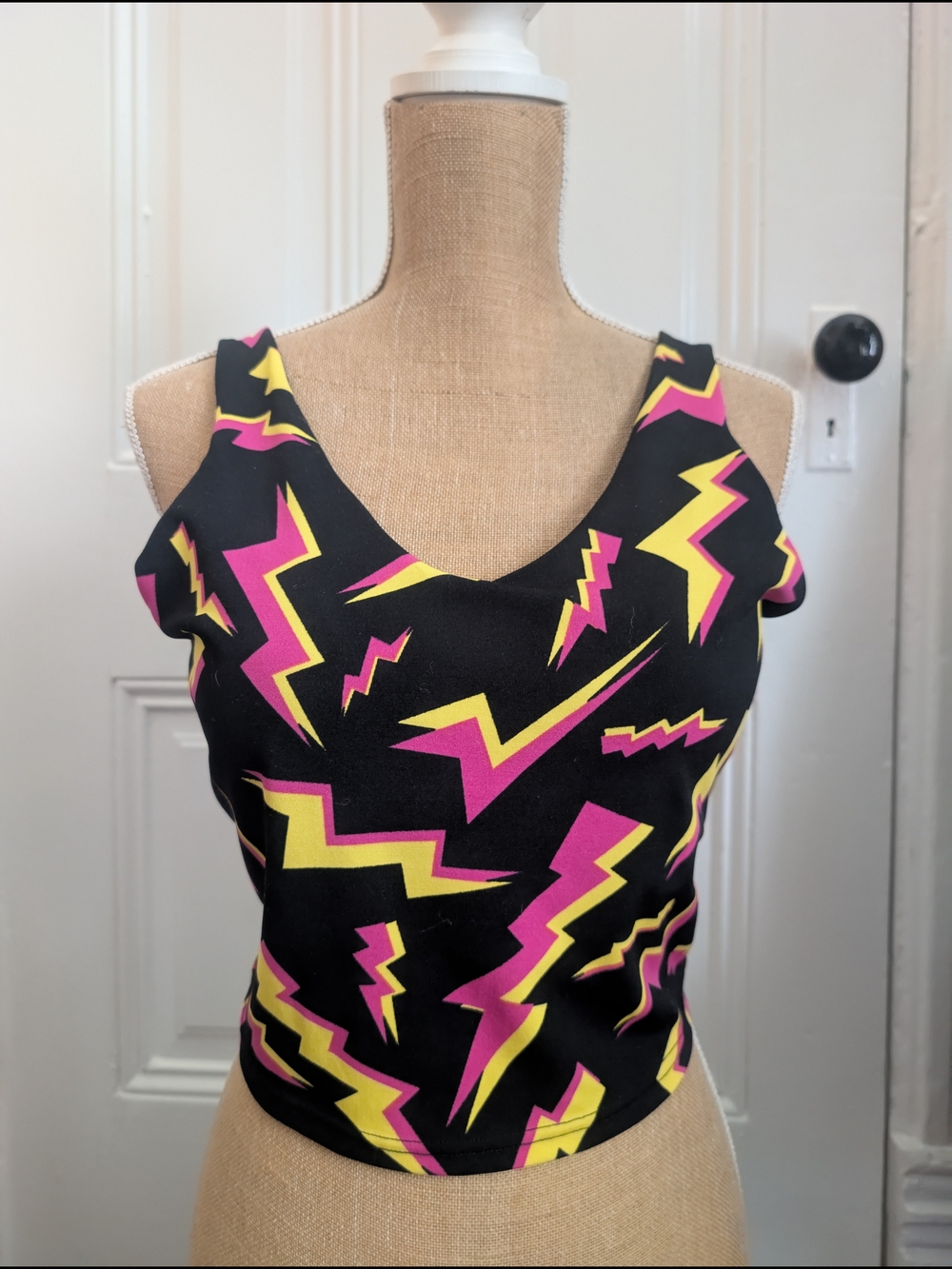 POP Fit Black Crop Cami with Pink and Yellow Lightning